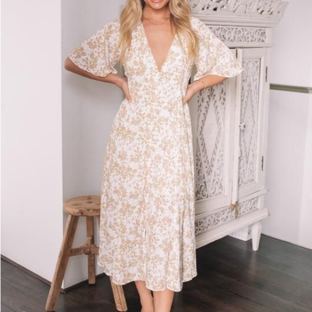 Petal & Pup Cream Midi Sundress with Flutter Sleeves